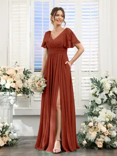 A-Line/Princess V-Neck Short Sleeves Chiffon Bridesmaid Dresses with Split Side & Pockets — view 14