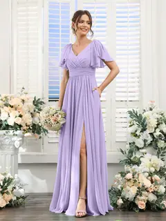 A-Line/Princess V-Neck Short Sleeves Chiffon Bridesmaid Dresses with Split Side & Pockets — view 15