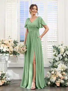 A-Line/Princess V-Neck Short Sleeves Chiffon Bridesmaid Dresses with Split Side & Pockets — view 17