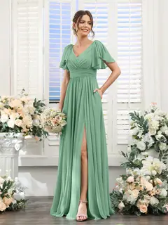 A-Line/Princess V-Neck Short Sleeves Chiffon Bridesmaid Dresses with Split Side & Pockets — view 18