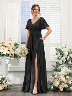 A-Line/Princess V-Neck Short Sleeves Chiffon Bridesmaid Dresses with Split Side & Pockets — view 19
