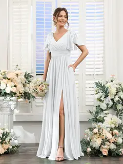 A-Line/Princess V-Neck Short Sleeves Chiffon Bridesmaid Dresses with Split Side & Pockets — view 20