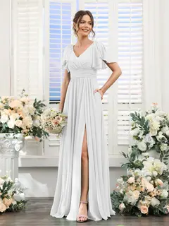 A-Line/Princess V-Neck Short Sleeves Chiffon Bridesmaid Dresses with Split Side & Pockets — view 21