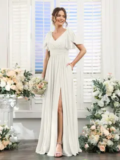 A-Line/Princess V-Neck Short Sleeves Chiffon Bridesmaid Dresses with Split Side & Pockets — view 22