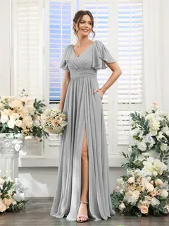 A-Line/Princess V-Neck Short Sleeves Chiffon Bridesmaid Dresses with Split Side & Pockets — view 23