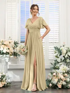 A-Line/Princess V-Neck Short Sleeves Chiffon Bridesmaid Dresses with Split Side & Pockets — view 25