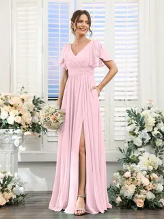 A-Line/Princess V-Neck Short Sleeves Chiffon Bridesmaid Dresses with Split Side & Pockets — view 26