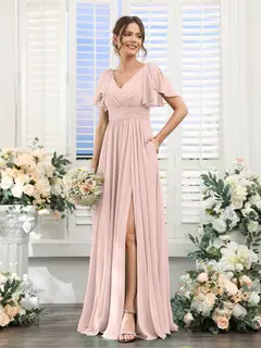 A-Line/Princess V-Neck Short Sleeves Chiffon Bridesmaid Dresses with Split Side & Pockets — view 27