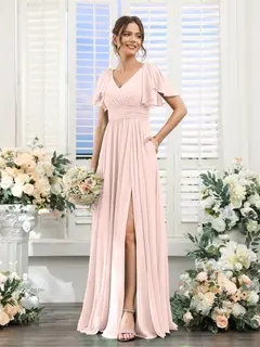 A-Line/Princess V-Neck Short Sleeves Chiffon Bridesmaid Dresses with Split Side & Pockets — view 28