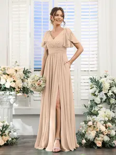A-Line/Princess V-Neck Short Sleeves Chiffon Bridesmaid Dresses with Split Side & Pockets — view 30