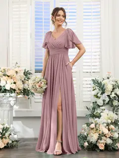 A-Line/Princess V-Neck Short Sleeves Chiffon Bridesmaid Dresses with Split Side & Pockets — view 32