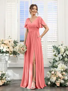 A-Line/Princess V-Neck Short Sleeves Chiffon Bridesmaid Dresses with Split Side & Pockets — view 33