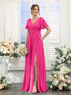 A-Line/Princess V-Neck Short Sleeves Chiffon Bridesmaid Dresses with Split Side & Pockets — view 34