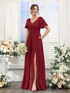 A-Line/Princess V-Neck Short Sleeves Chiffon Bridesmaid Dresses with Split Side & Pockets — view 38