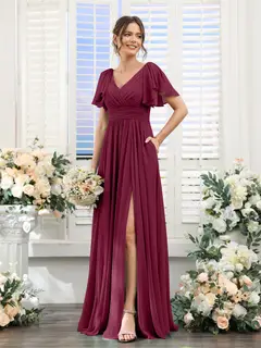 A-Line/Princess V-Neck Short Sleeves Chiffon Bridesmaid Dresses with Split Side & Pockets — view 39