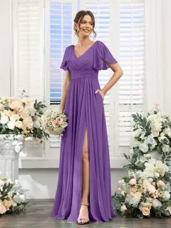 A-Line/Princess V-Neck Short Sleeves Chiffon Bridesmaid Dresses with Split Side & Pockets — view 43