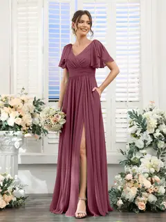 A-Line/Princess V-Neck Short Sleeves Chiffon Bridesmaid Dresses with Split Side & Pockets — view 44