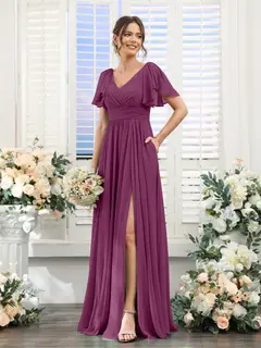 A-Line/Princess V-Neck Short Sleeves Chiffon Bridesmaid Dresses with Split Side & Pockets — view 45
