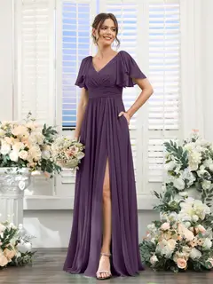 A-Line/Princess V-Neck Short Sleeves Chiffon Bridesmaid Dresses with Split Side & Pockets — view 47