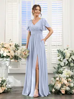 A-Line/Princess V-Neck Short Sleeves Chiffon Bridesmaid Dresses with Split Side & Pockets — view 49