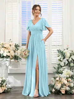 A-Line/Princess V-Neck Short Sleeves Chiffon Bridesmaid Dresses with Split Side & Pockets — view 50