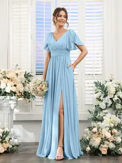 A-Line/Princess V-Neck Short Sleeves Chiffon Bridesmaid Dresses with Split Side & Pockets — view 51