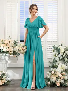 A-Line/Princess V-Neck Short Sleeves Chiffon Bridesmaid Dresses with Split Side & Pockets — view 53