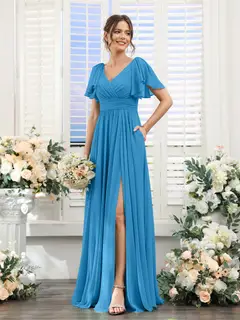 A-Line/Princess V-Neck Short Sleeves Chiffon Bridesmaid Dresses with Split Side & Pockets — view 54