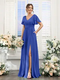 A-Line/Princess V-Neck Short Sleeves Chiffon Bridesmaid Dresses with Split Side & Pockets — view 55