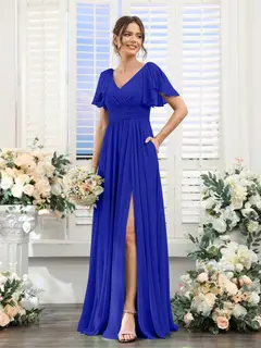 A-Line/Princess V-Neck Short Sleeves Chiffon Bridesmaid Dresses with Split Side & Pockets — view 56