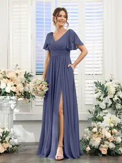 A-Line/Princess V-Neck Short Sleeves Chiffon Bridesmaid Dresses with Split Side & Pockets — view 58