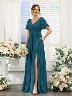 A-Line/Princess V-Neck Short Sleeves Chiffon Bridesmaid Dresses with Split Side & Pockets — view 59