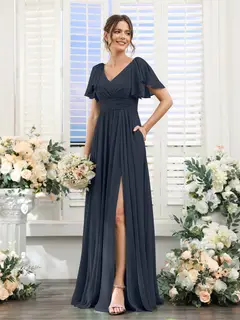 A-Line/Princess V-Neck Short Sleeves Chiffon Bridesmaid Dresses with Split Side & Pockets — view 60