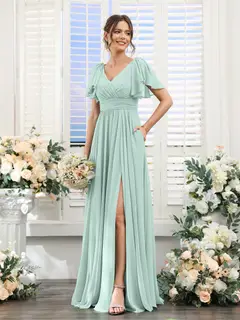 A-Line/Princess V-Neck Short Sleeves Chiffon Bridesmaid Dresses with Split Side & Pockets — view 61