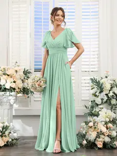 A-Line/Princess V-Neck Short Sleeves Chiffon Bridesmaid Dresses with Split Side & Pockets — view 62