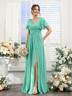 A-Line/Princess V-Neck Short Sleeves Chiffon Bridesmaid Dresses with Split Side & Pockets — view 63