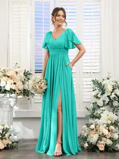 A-Line/Princess V-Neck Short Sleeves Chiffon Bridesmaid Dresses with Split Side & Pockets — view 64