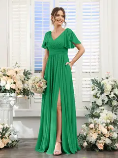 A-Line/Princess V-Neck Short Sleeves Chiffon Bridesmaid Dresses with Split Side & Pockets — view 65