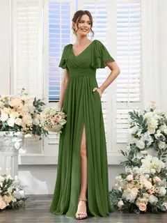 A-Line/Princess V-Neck Short Sleeves Chiffon Bridesmaid Dresses with Split Side & Pockets — view 66