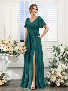 A-Line/Princess V-Neck Short Sleeves Chiffon Bridesmaid Dresses with Split Side & Pockets — view 67