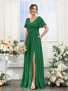 A-Line/Princess V-Neck Short Sleeves Chiffon Bridesmaid Dresses with Split Side & Pockets — view 68