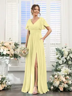 A-Line/Princess V-Neck Short Sleeves Chiffon Bridesmaid Dresses with Split Side & Pockets — view 70