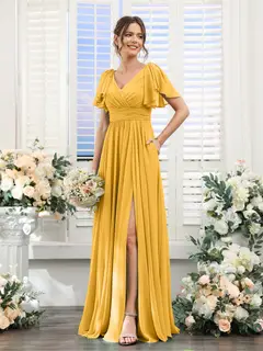 A-Line/Princess V-Neck Short Sleeves Chiffon Bridesmaid Dresses with Split Side & Pockets — view 71