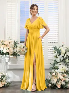A-Line/Princess V-Neck Short Sleeves Chiffon Bridesmaid Dresses with Split Side & Pockets — view 72