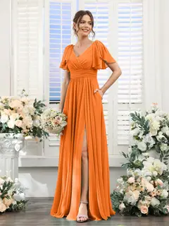 A-Line/Princess V-Neck Short Sleeves Chiffon Bridesmaid Dresses with Split Side & Pockets — view 73