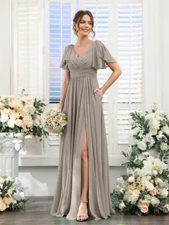 A-Line/Princess V-Neck Short Sleeves Chiffon Bridesmaid Dresses with Split Side & Pockets — view 74