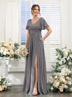A-Line/Princess V-Neck Short Sleeves Chiffon Bridesmaid Dresses with Split Side & Pockets — view 75