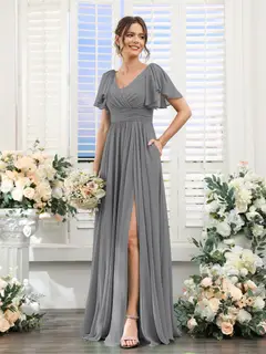 A-Line/Princess V-Neck Short Sleeves Chiffon Bridesmaid Dresses with Split Side & Pockets — view 76