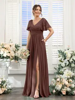 A-Line/Princess V-Neck Short Sleeves Chiffon Bridesmaid Dresses with Split Side & Pockets — view 77