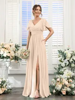 A-Line/Princess V-Neck Short Sleeves Chiffon Bridesmaid Dresses with Split Side & Pockets — view 79